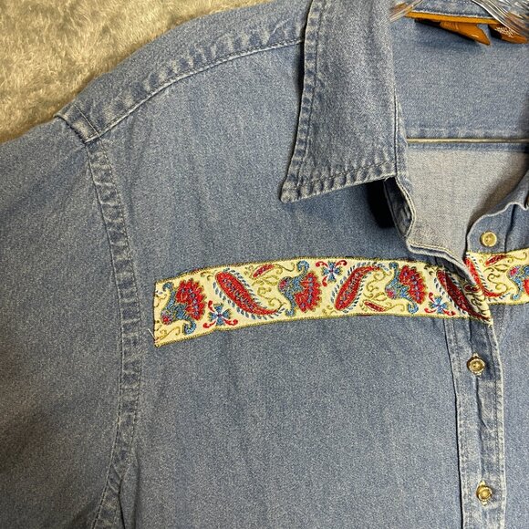 Vtg Women 90s Embroidered Paisley Western Chambray Denim Button Front Shirt XL - Picture 3 of 12